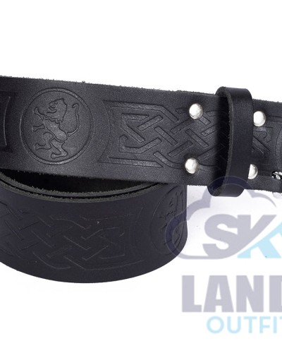 Rampant lion Embossed Black Leather Double Prong Kilt Belt Rampant lion Embossed Black Leather Double Prong Kilt Belt
