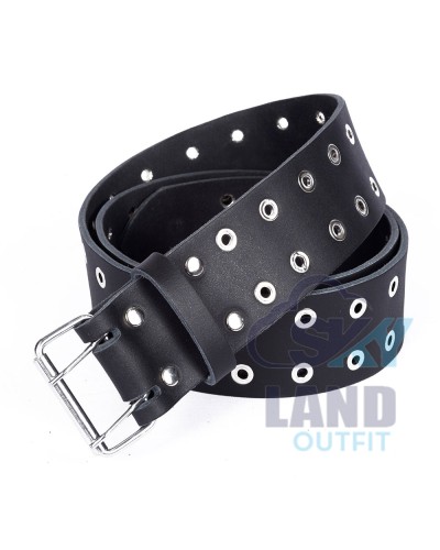 Silver Studs Black Leather Double Prong Kilt Belt