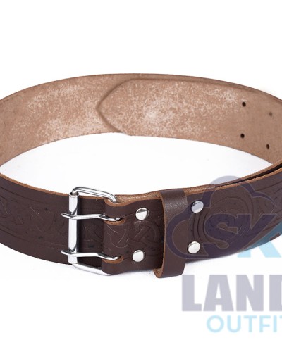 Trinity Knot Embossed Brown Leather Double Prong Kilt Belt Trinity Knot Embossed Brown Leather Double Prong Kilt Belt