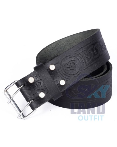 Trinity Knot Embossed Black Leather Double Prong Kilt Belt