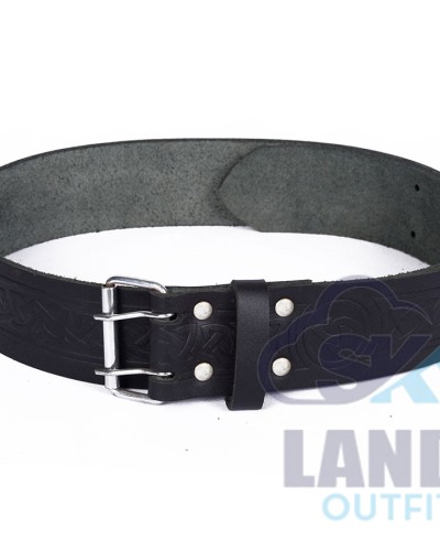 Trinity Knot Embossed Black Leather Double Prong Kilt Belt Trinity Knot Embossed Black Leather Double Prong Kilt Belt