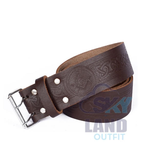 Brown Leather Scottish Kilt Belt | Masonic Embossed Belts
