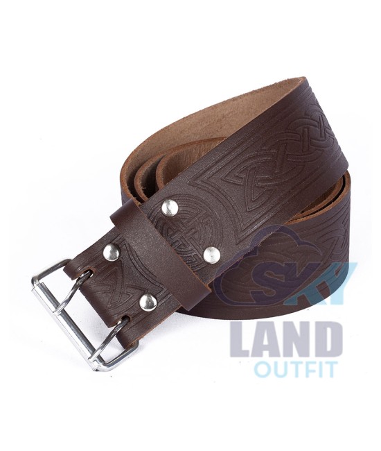 Medieval Knot Embossed Brown Leather Double Prong Kilt Belt