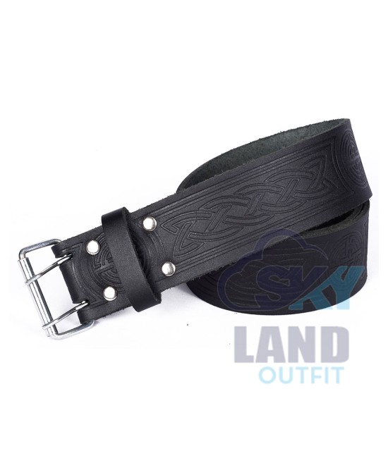 Medieval Knot Embossed Black Leather Double Prong Kilt Belt