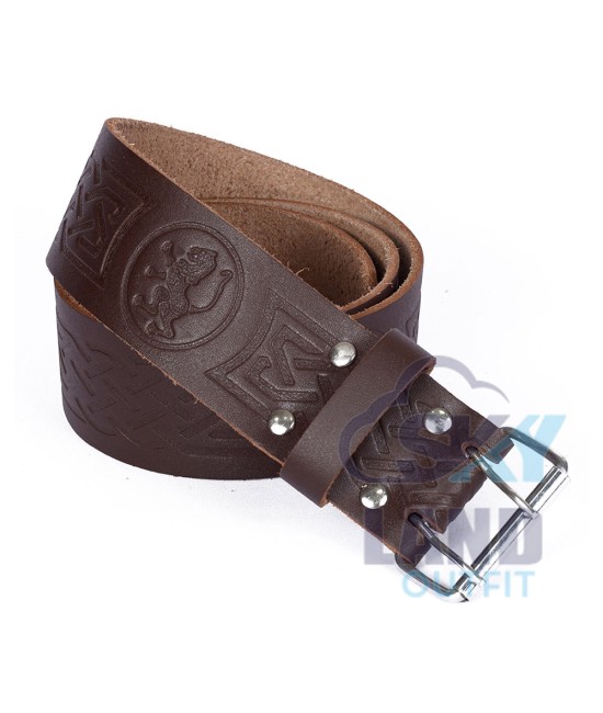 Rampant lion Embossed Brown Leather Double Prong Kilt Belt