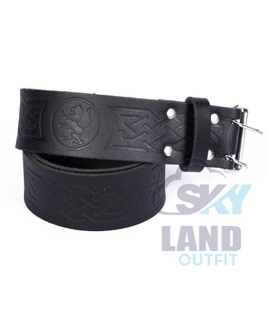 Rampant lion Embossed Black Leather Double Prong Kilt Belt