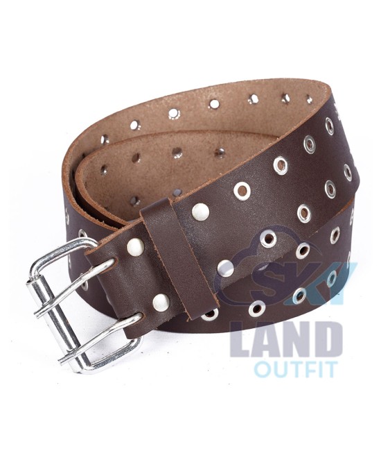 Silver Studs Brown Leather Double Prong Kilt Belt