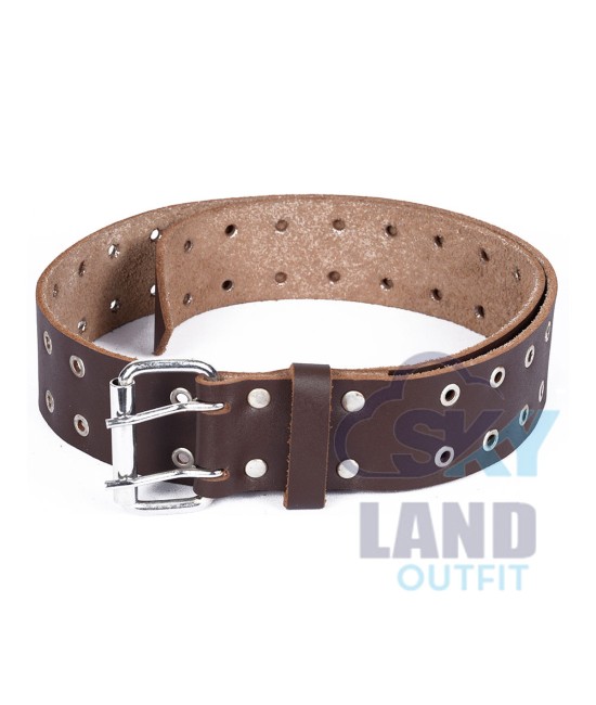 Silver Studs Brown Leather Double Prong Kilt Belt