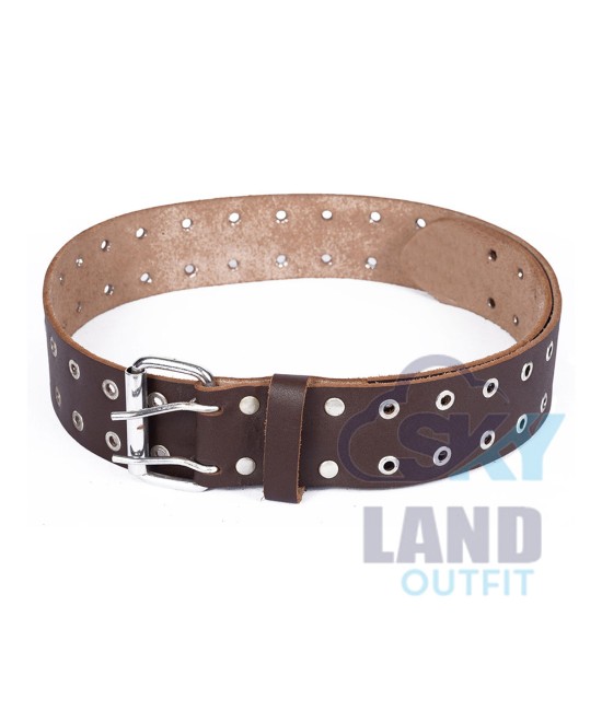 Silver Studs Brown Leather Double Prong Kilt Belt