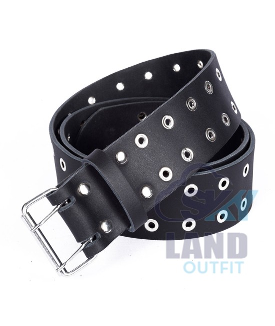 Silver Studs Black Leather Double Prong Kilt Belt