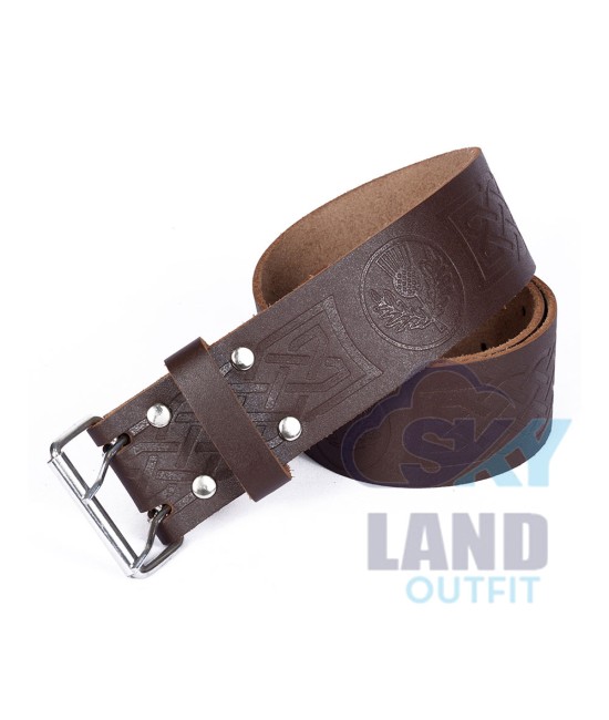 Thistle Embossed Brown Leather Double Prong Kilt Belt