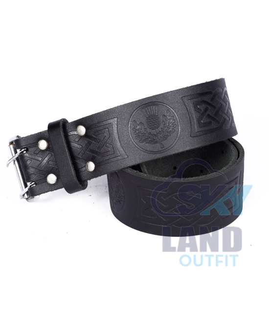 Thistle Embossed Black Leather Double Prong Kilt Belt