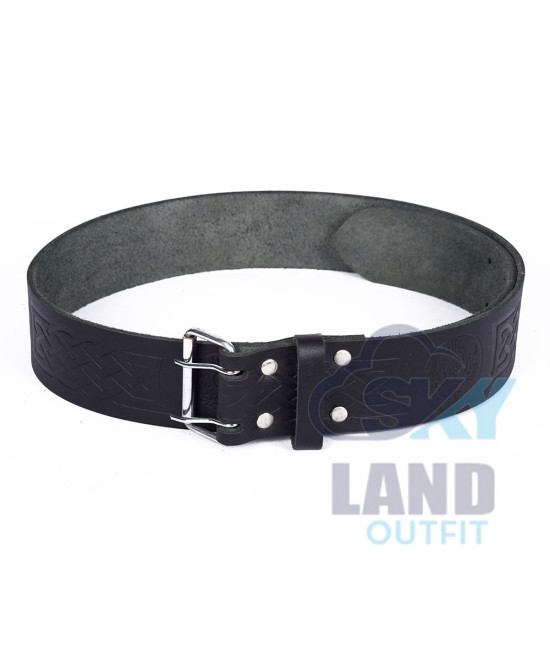 Thistle Embossed Black Leather Double Prong Kilt Belt