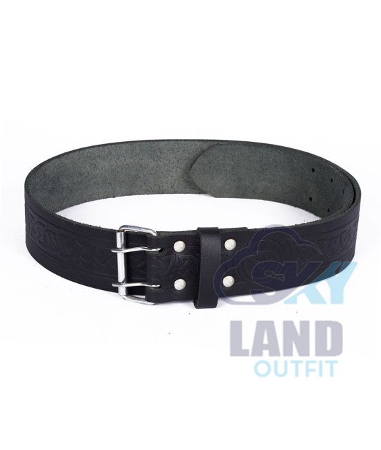 Trinity Knot Embossed Black Leather Double Prong Kilt Belt