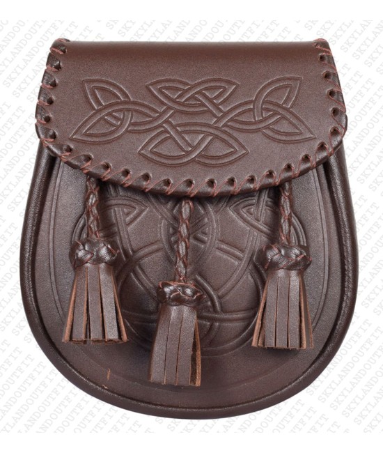 Brown Leather Sporran - Celtic Knot Embossed with Three Tassels