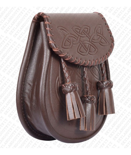 Brown Leather Sporran - Celtic Knot Embossed with Three Tassels