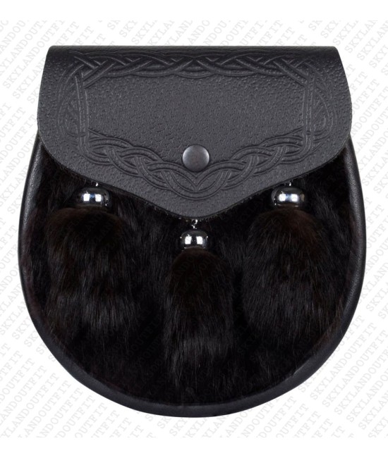 Black Leather Scottish Sporran in Rabbit Fur and Embossed Flap