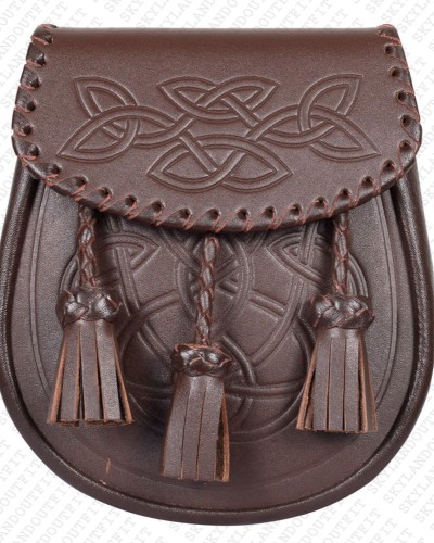 Brown Leather Sporran - Celtic Knot Embossed with Three Tassels Brown Leather Sporran - Celtic Knot Embossed with Three Tassels