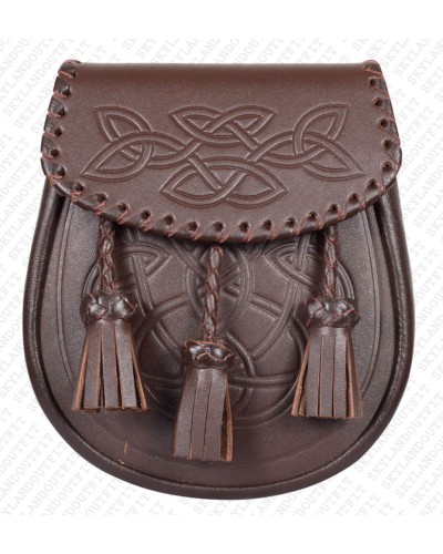 Brown Leather Sporran - Celtic Knot Embossed with Three Tassels Brown Leather Sporran - Celtic Knot Embossed with Three Tassels
