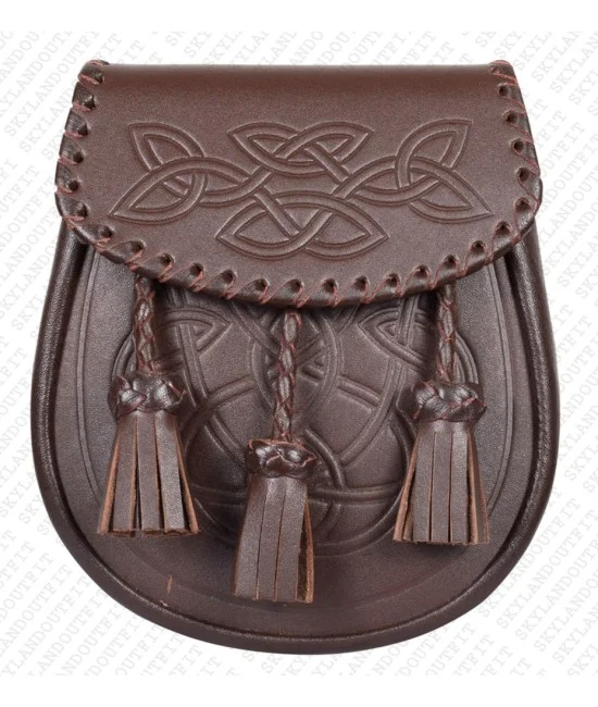 Brown Leather Sporran - Celtic Knot Embossed with Three Tassels Brown Leather Sporran - Celtic Knot Embossed with Three Tassels