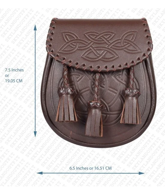 Brown Leather Sporran - Celtic Knot Embossed with Three Tassels Brown Leather Sporran - Celtic Knot Embossed with Three Tassels
