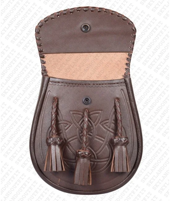 Brown Leather Sporran - Celtic Knot Embossed with Three Tassels Brown Leather Sporran - Celtic Knot Embossed with Three Tassels