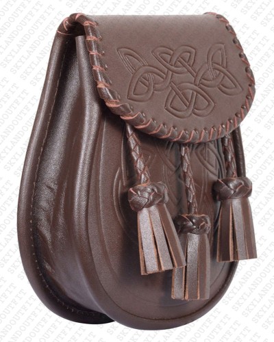 Brown Leather Sporran - Celtic Knot Embossed with Three Tassels Brown Leather Sporran - Celtic Knot Embossed with Three Tassels