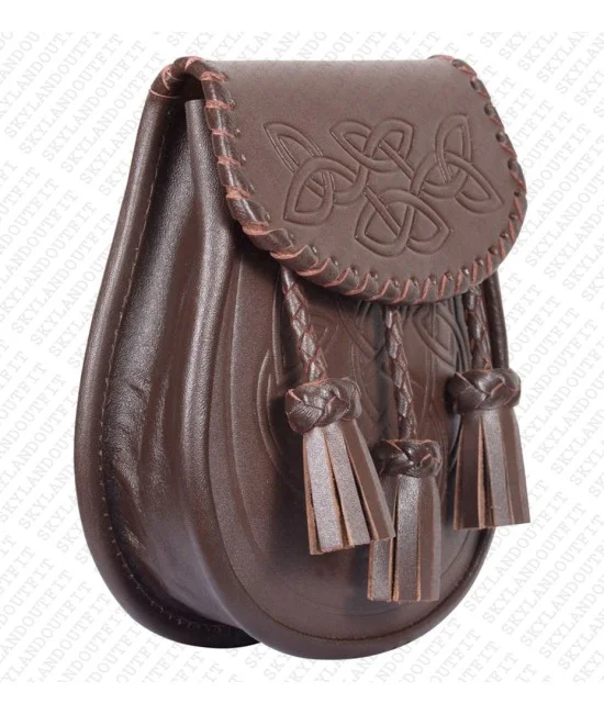 Brown Leather Sporran - Celtic Knot Embossed with Three Tassels Brown Leather Sporran - Celtic Knot Embossed with Three Tassels
