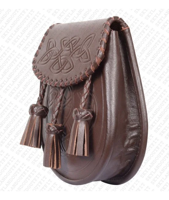 Brown Leather Sporran - Celtic Knot Embossed with Three Tassels Brown Leather Sporran - Celtic Knot Embossed with Three Tassels