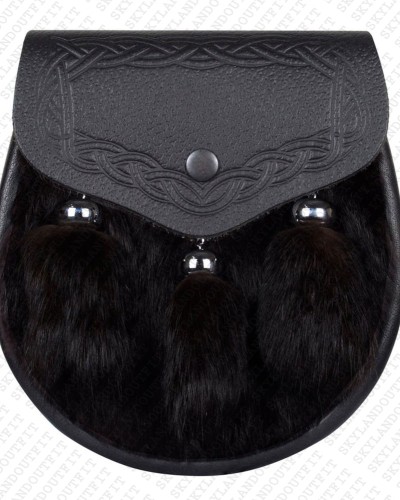 Black Leather Scottish Sporran in Rabbit Fur and Embossed Flap Black Leather Scottish Sporran in Rabbit Fur and Embossed Flap