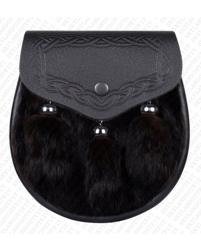 Black Leather Scottish Sporran in Rabbit Fur and Embossed Flap Black Leather Scottish Sporran in Rabbit Fur and Embossed Flap
