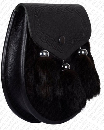 Black Leather Scottish Sporran in Rabbit Fur and Embossed Flap Black Leather Scottish Sporran in Rabbit Fur and Embossed Flap
