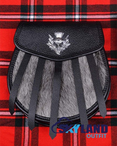 Scottish Handmade Black Leather Kilt Sporran with Grey Goat Fur & Chain Strap Scottish Handmade Black Leather Kilt Sporran with Grey Goat Fur & Chain Strap