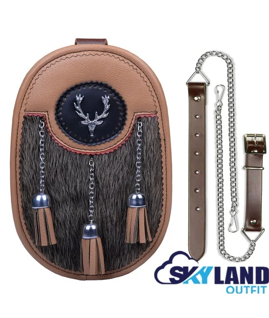 Handmade Kilt Sporran - Stag Head Badge, Leather Chain & Strap Handmade Kilt Sporran - Stag Head Badge, Leather Chain & Strap
