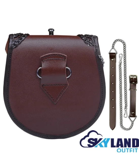 Brown Leather Kilt Sporran - Highland Semi-Dress with Chain & Embroidery Brown Leather Kilt Sporran - Highland Semi-Dress with Chain & Embroidery