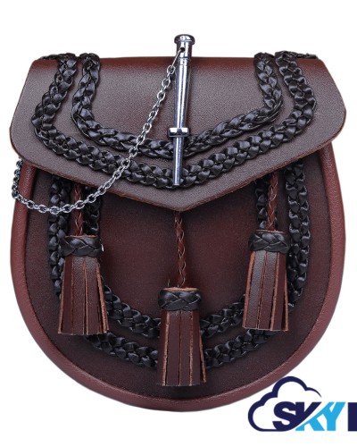 Brown Leather Kilt Sporran - Highland Semi-Dress with Chain & Embroidery Brown Leather Kilt Sporran - Highland Semi-Dress with Chain & Embroidery