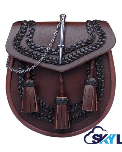 Brown Leather Kilt Sporran - Highland Semi-Dress with Chain & Embroidery Brown Leather Kilt Sporran - Highland Semi-Dress with Chain & Embroidery