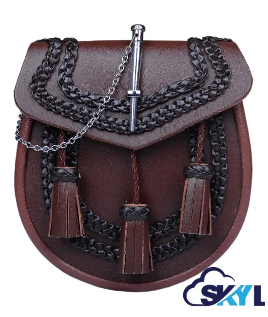 Brown Leather Kilt Sporran - Highland Semi-Dress with Chain & Embroidery Brown Leather Kilt Sporran - Highland Semi-Dress with Chain & Embroidery