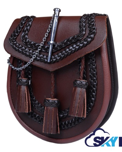 Brown Leather Kilt Sporran - Highland Semi-Dress with Chain & Embroidery Brown Leather Kilt Sporran - Highland Semi-Dress with Chain & Embroidery