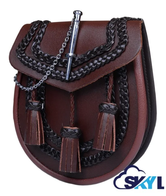 Brown Leather Kilt Sporran - Highland Semi-Dress with Chain & Embroidery Brown Leather Kilt Sporran - Highland Semi-Dress with Chain & Embroidery