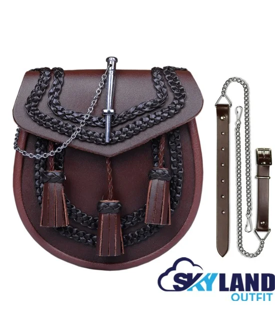 Brown Leather Kilt Sporran - Highland Semi-Dress with Chain & Embroidery Brown Leather Kilt Sporran - Highland Semi-Dress with Chain & Embroidery