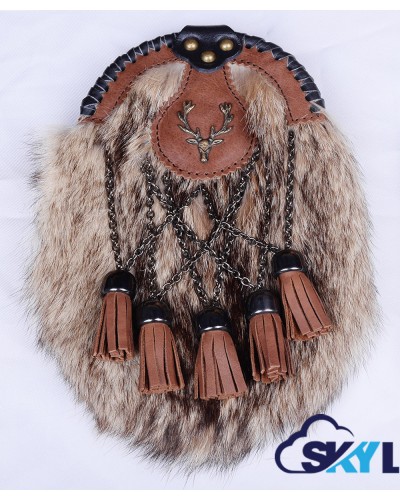 Handmade Scottish Full Dress Kilt Sporran - Brown Leather with Stag Head Badge & Coyote Fur Handmade Scottish Full Dress Kilt Sporran - Brown Leather with Stag Head Badge & Coyote Fur