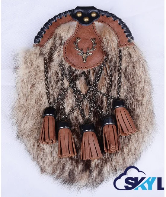 Handmade Scottish Full Dress Kilt Sporran - Brown Leather with Stag Head Badge & Coyote Fur Handmade Scottish Full Dress Kilt Sporran - Brown Leather with Stag Head Badge & Coyote Fur