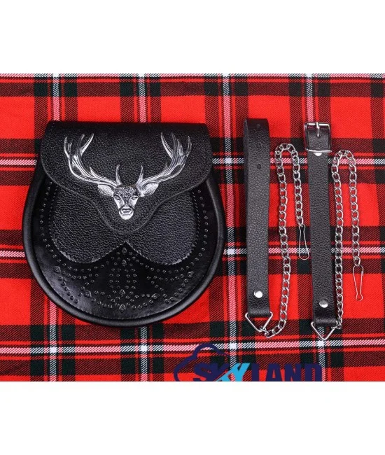 Scottish Black Leather Kilt Sporran with Stag Head & Belt Strap Scottish Black Leather Kilt Sporran with Stag Head & Belt Strap