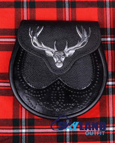 Scottish Black Leather Kilt Sporran with Stag Head & Belt Strap Scottish Black Leather Kilt Sporran with Stag Head & Belt Strap