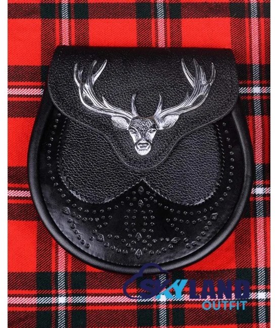 Scottish Black Leather Kilt Sporran with Stag Head & Belt Strap Scottish Black Leather Kilt Sporran with Stag Head & Belt Strap