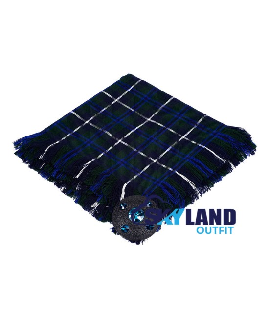 Scottish Kilt Fly Plaid with Purled Fringe in Blue Douglas Tartan