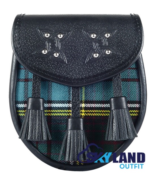 Black Leather Scottish Sporran with Clan Anderson Tartan