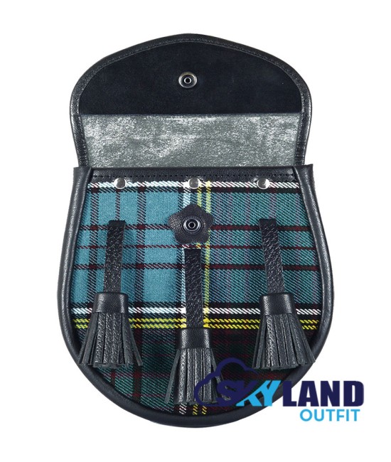 Black Leather Scottish Sporran with Clan Anderson Tartan