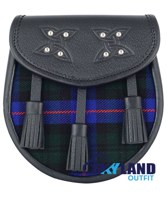 Black Leather Scottish Sporran with Clan Arm Strong Tartan